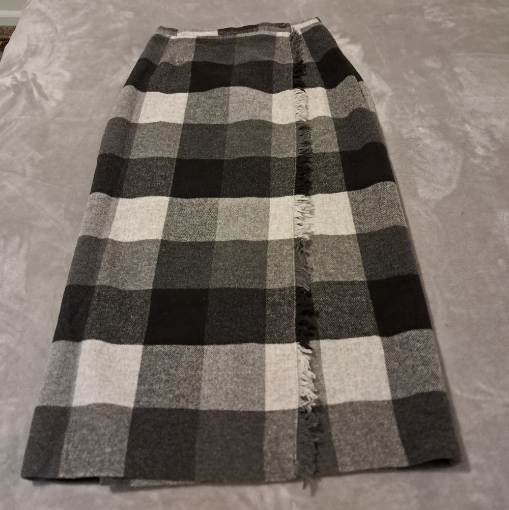 Rafaella Vtg Wool Plaid Fringe Maxiskirt Buffalo Check Dark Academia Classic 8P.